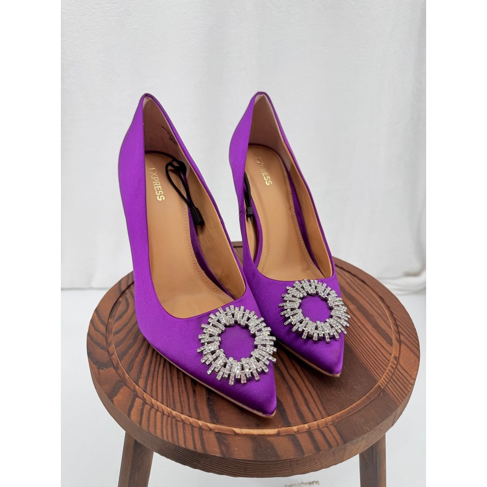 Express Purple Satin Rhinestone Buckle Pointed Toe Stiletto Pumps Size 9 Glam